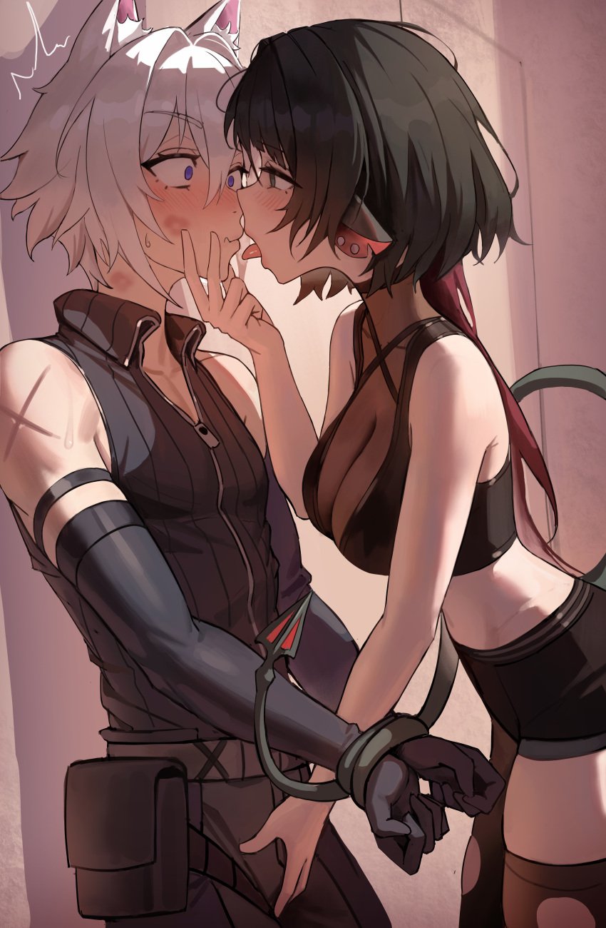 1boy 1girls anthro blush breasts cat_ears feline female femdom groping jane_doe_(zenless_zone_zero) kissing large_breasts lipstick_mark male rat rat_ears rat_girl rat_tail restrained restrained_arms seth_lowell straight teasing tongue tongue_out zenless_zone_zero