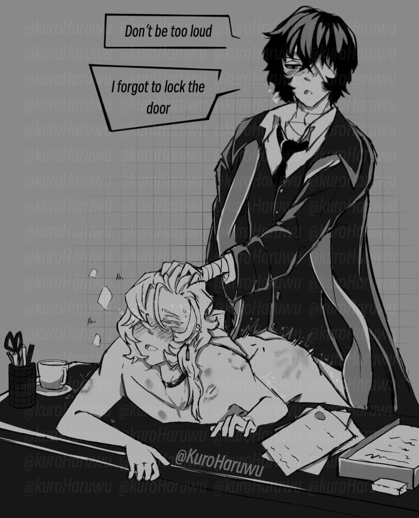 anal_sex bent_over bite_mark bsd bungo_stray_dogs bungou_stray_dogs chuuya_nakahara dazai_osamu hair_pull hickey long_hair male_only nakahara_chuuya no_visible_genitalia osamu_dazai public_sex semi-public skinny soukoku