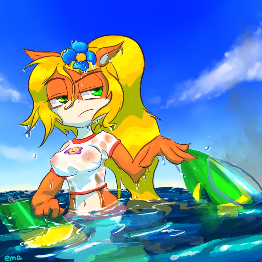 anthro blonde_hair breasts clothed clothing coco_bandicoot crash_(series) crash_bandicoot:_warped detailed_background edit ema_(artist) ema_npr female female_only green_eyes hair nipples nipples_visible_through_clothing partially_clothed shirt solo water wet