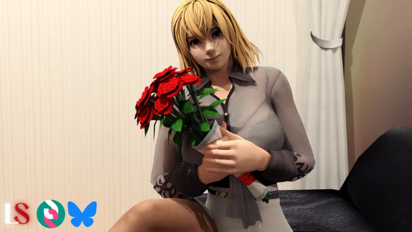 1girls alternate_hairstyle big_breasts birthday blender blender_(software) blonde_hair blue_eyes bouquet cassandra_alexandra flower_bouquet happy le_sandman living_room roses see-through see-through_clothing see-through_top shoulder_length_hair smile sofa soul_calibur tagme visible_bra_through_clothes xnalara