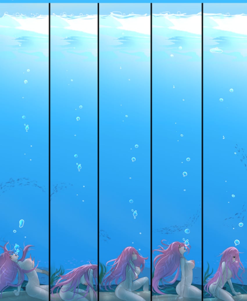 1boy1girl air_bubbles marima666_(artist) pink_hair sex underwater