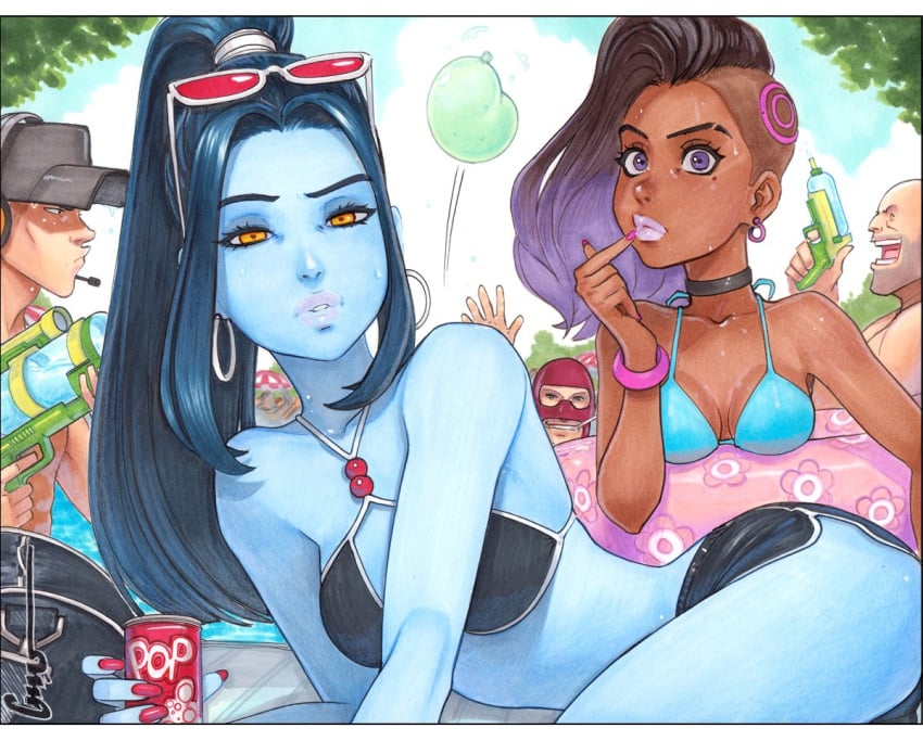 2girls big_lips bikini crossover female female_focus heavy_(team_fortress_2) heavy_weapons_guy lipstick multiple_boys multiple_girls omar_dogan overwatch overwatch_2 ponytail pool poolside scout_(team_fortress_2) sombra spy_(team_fortress_2) tagme team_fortress_2 water_balloon widowmaker