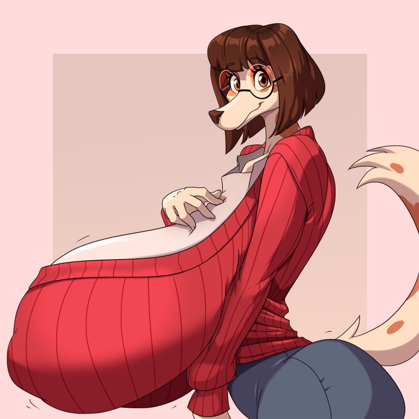 anthro big_breasts breasts character_request clarita_(crackiepipe) cleavage domestic_dog female furry gigantic_breasts huge_breasts spiralingstaircase tagme thick_thighs wide_hips