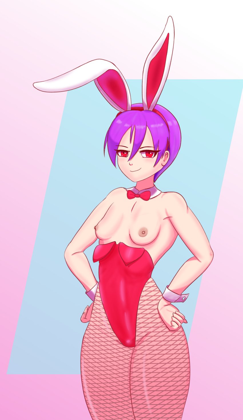 2d 2d_(artwork) bat_bastard bunny_ear bunny_ears bunnysuit capcom darkstalkers female fishnet_pantyhose fishnets hand_on_hip leotard lilith_aensland looking_at_viewer neck_ribbon pantyhose pink_hair simple_background small_breasts succubus thick_thighs video_game_character video_games wardrobe_malfunction