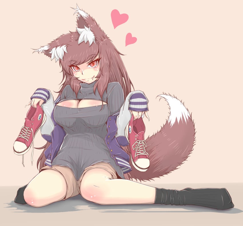 animal_ears animal_tail big_breasts boob_window breasts cleavage cleavage_cutout converse cube85 cutout female kagerou_imaizumi long_hair looking_at_viewer shoes_removed simple_background sneakers socks solo tagme touhou wolf_ears wolf_girl wolf_tail