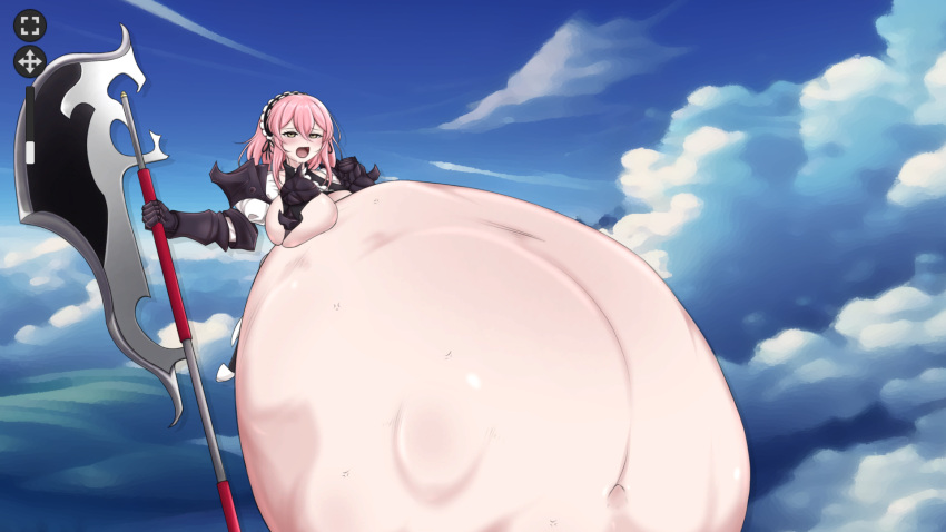 battle_axe battle_maid belly belly_button breast chateau drooling full_belly green_eyes huge mass_vore pink_hair rpg veiny_belly vessel_tactics video_games vore vore_belly