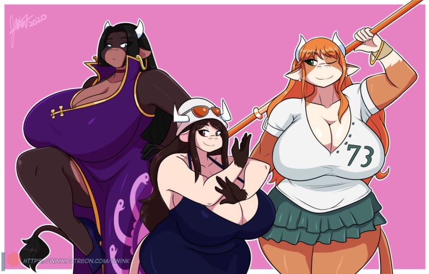 2020 3girls abby_(jwinkz) anthro artjwink big_breasts black_hair boa_hancock bracelet brown_eyes brown_hair cosplay cow_ears cow_girl cow_horns cow_tail earrings female female_only furry furry_female green_eyes hat horns jwinkz large_breasts leg_lift long_hair nami nami_(one_piece) nico_robin number number_73 one_piece orange_hair pink_background post-timeskip simple_background smile smiling snake_earrings staff summer_(jwinkz) sunglasses sunglasses_on_head thick_thighs violet_(jwinkz) wide_hips wink winking