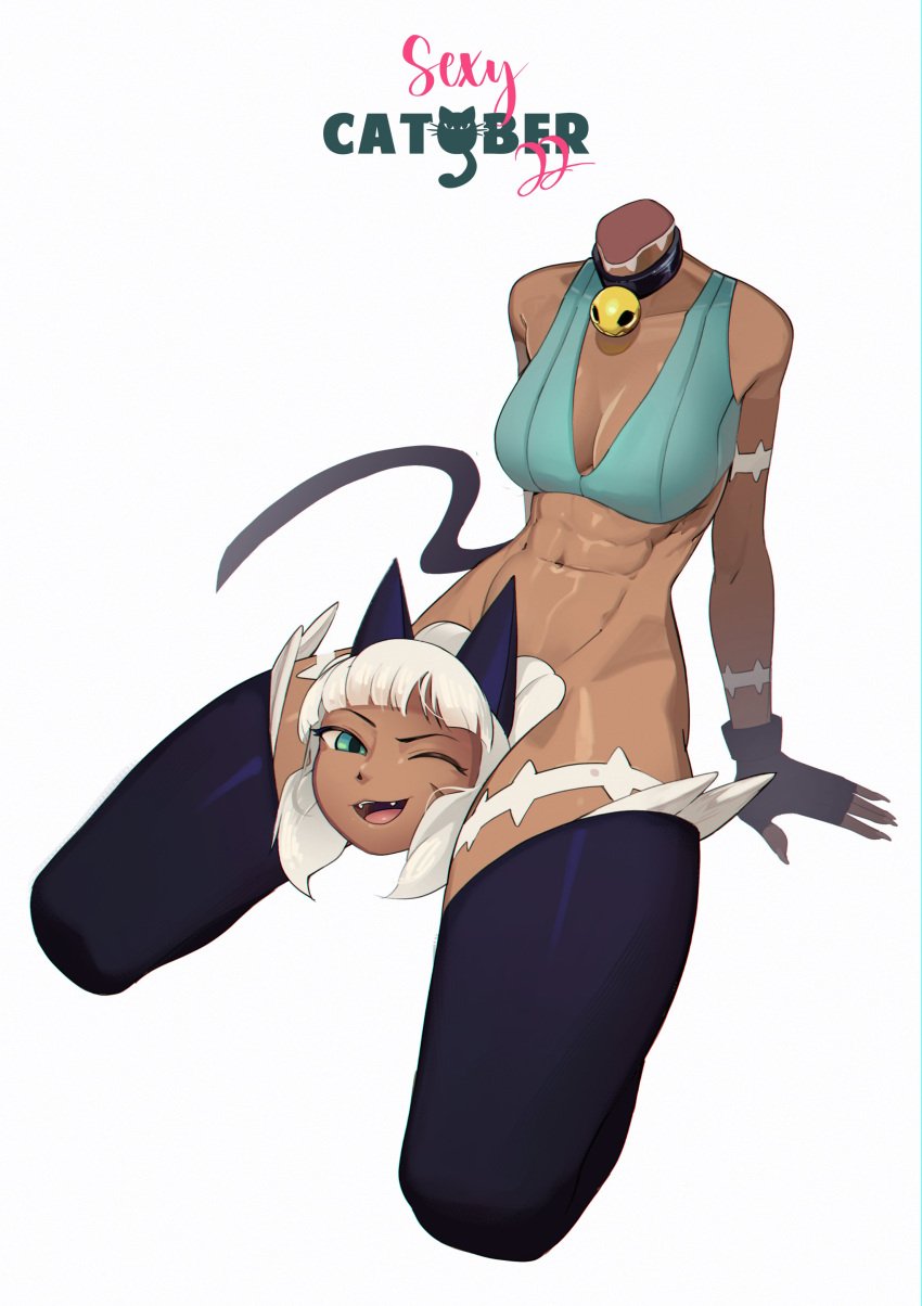 1girls 2022 2022s abs absurd_res animal_humanoid arm_markings arm_support athletic athletic_female bell bell_collar belly_button big_breasts blue_eyes bob_cut breasts cat_girl cat_humanoid cat_tail catgirl catober catober_2022 claws cleavage crop_top cute_fangs digital_media_(artwork) dullahan european_mythology felid feline felis feliscede female female_focus female_only fingerless_gloves green_clothing hair headless irish_mythology kneeling leg_markings mythology nadia_fortune navel one_eye_closed open_mouth shirt short_hair simple_background skullgirls smile tail tan-skinned_female tan_body tan_skin white_background white_hair white_markings