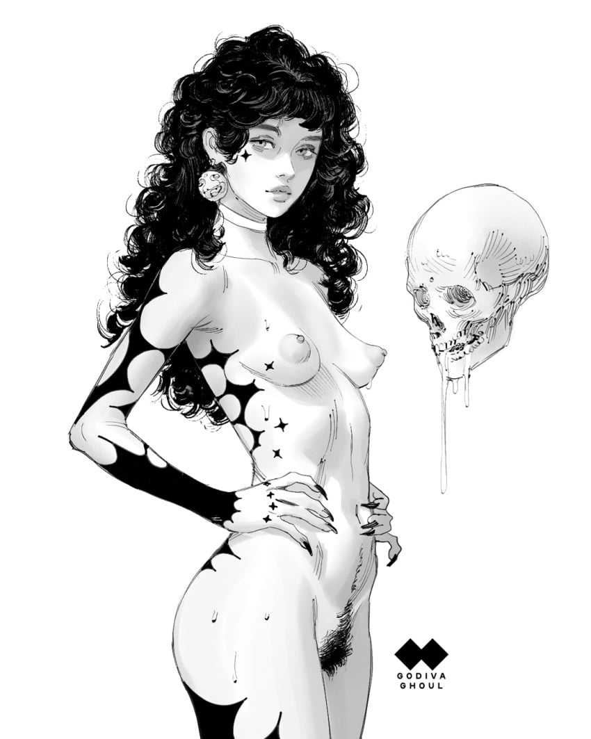 arm_tattoo artist_logo artist_name ass big_hair black_nails breasts breasts_apart choker closed_mouth collarbone completely_nude cowboy_shot curly_hair dangle_earrings earrings excessive_pubic_hair facial_tattoo female female_pubic_hair fingernails floating_skull from_side godiva_ghoul greyscale half-closed_eyes hand_tattoo hands_on_own_hips highres jewelry leg_tattoo lips long_fingernails long_hair looking_at_viewer monochrome nail_polish navel navel_hair nipples nose nude original perky_breasts pubic_hair puffy_nipples rib_tattoo saliva saliva_drip sharp_fingernails short_bangs simple_background skull small_breasts solo sparkle standing tan tanlines tattoo white_background