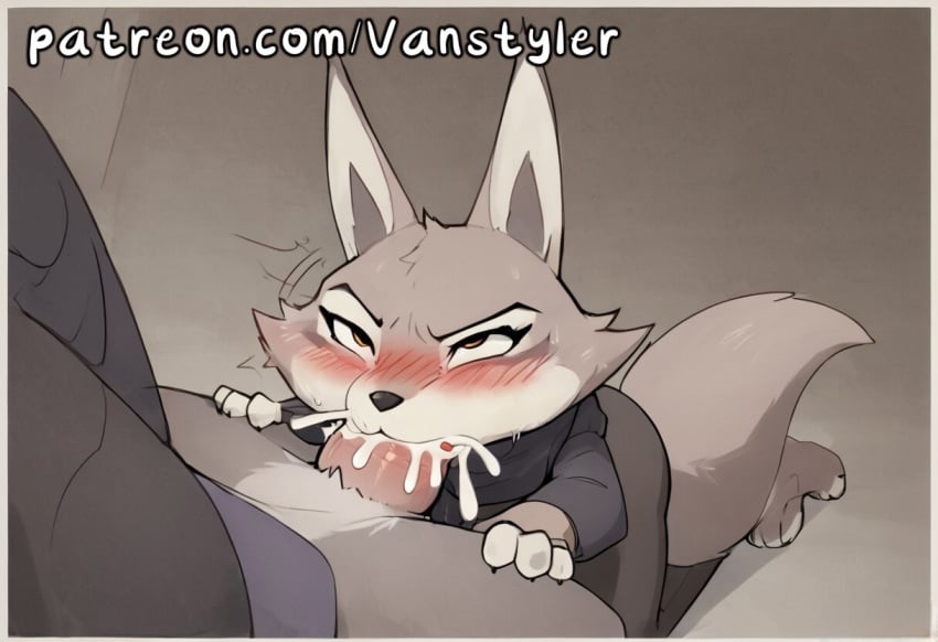 ai_generated anthro blowjob blush cum_in_mouth cumshot deepthroat dreamworks fox fox_ears fox_tail grey_fur kung_fu_panda kung_fu_panda_4 oral patreon vanstyler zhen_(kung_fu_panda)