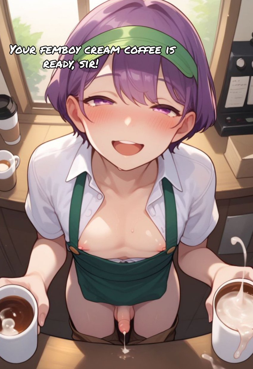 ai_generated coffee cum femboy looking_at_viewer male_with_small_breasts premature_ejaculation small_penis starbucks text verybadboye