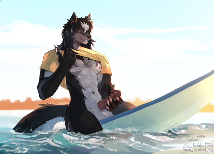 abs anthro balls canid canine canis genitals hi_res humanoid_genitalia humanoid_penis male mammal muscular muscular_anthro muscular_male penis sea sir_molo4ko solo surfboard water wolf