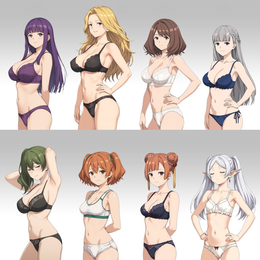 6+girls ai_generated armpits arms_behind_head blonde_hair blue_eyes bra breasts brown_eyes brown_hair bust_chart cleavage double_bun earrings ehre_(sousou_no_frieren) female female_only fern_(sousou_no_frieren) frieren gradient_background green_hair grey_hair hair_bun hair_ornament highres jewelry kanne_(sousou_no_frieren) large_breasts laufen_(sousou_no_frieren) lawine_(sousou_no_frieren) long_hair looking_at_viewer medium_breasts methode_(sousou_no_frieren) multiple_girls navel panties purple_eyes purple_hair seductive_smile short_hair simple_background small_breasts smile sousou_no_frieren standing twintails ubel_(sousou_no_frieren) underwear underwear_only upper_body white_hair yami_anko