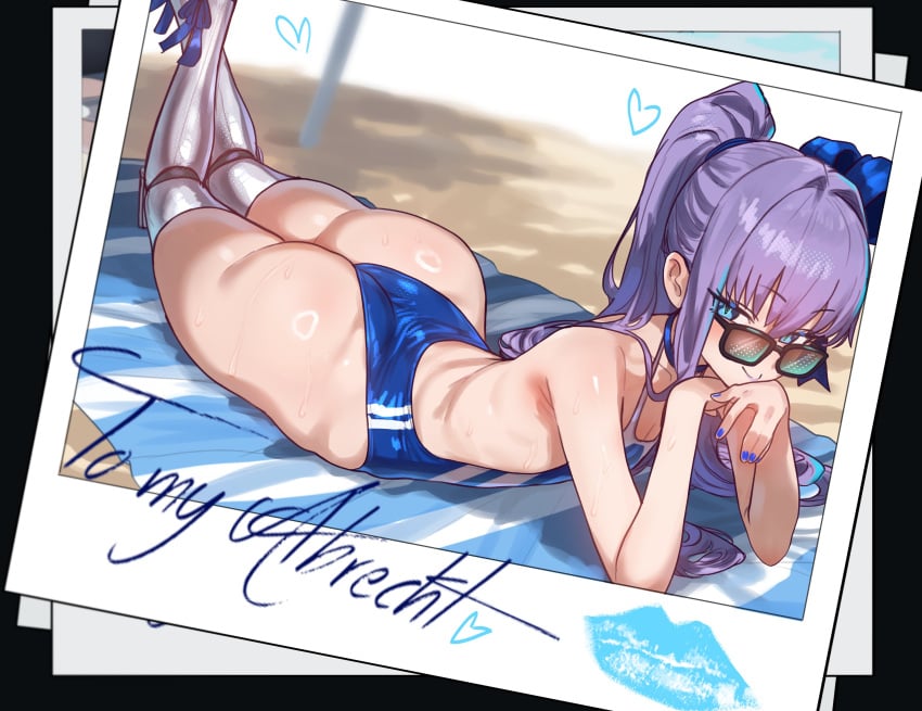 1girls ass blue_eyes blue_nails breasts ebora fate/grand_order fate_(series) female large_ass light-skinned_female light_skin long_hair looking_over_eyewear looking_over_sunglasses meltlilith meltlilith_(swimsuit_lancer) meltryllis meltryllis_(fate) meltryllis_(swimsuit_lancer)_(fate) nail_polish one-piece_swimsuit painted_nails petite petite_body ponytail purple_hair slim_body slit_pupils small_breasts sunglasses swimsuit thighhighs tinted_eyewear youngmanisdown