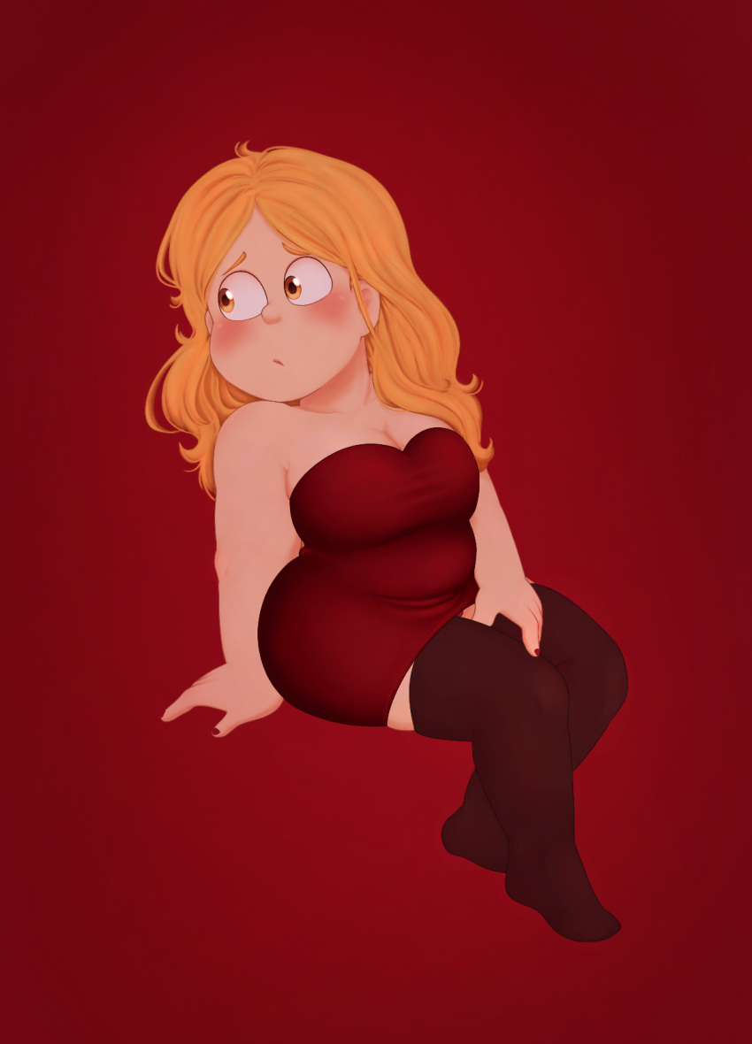 1female 1girls belly big_butt blonde_female blonde_hair blush chubby chubby_female cleavage cleavage_dress clothed clothed_female color colored curvy curvy_female cute digital_drawing_(artwork) digital_media_(artwork) dress female female_human female_only girl hotfiresu human human_only legs_together legwear medium_breasts nail_polish nails_painted no_visible_genitalia not_ai_generated not_porn oc original original_character panties panties_peek red_dress red_lipstick red_nail_polish red_nails red_panties sad_expression safe_for_work simple_background sitting sitting_down solo solo_focus tight_clothing tight_dress tight_fit unhappy_female wavy_hair wide_thighs yellow_eyes