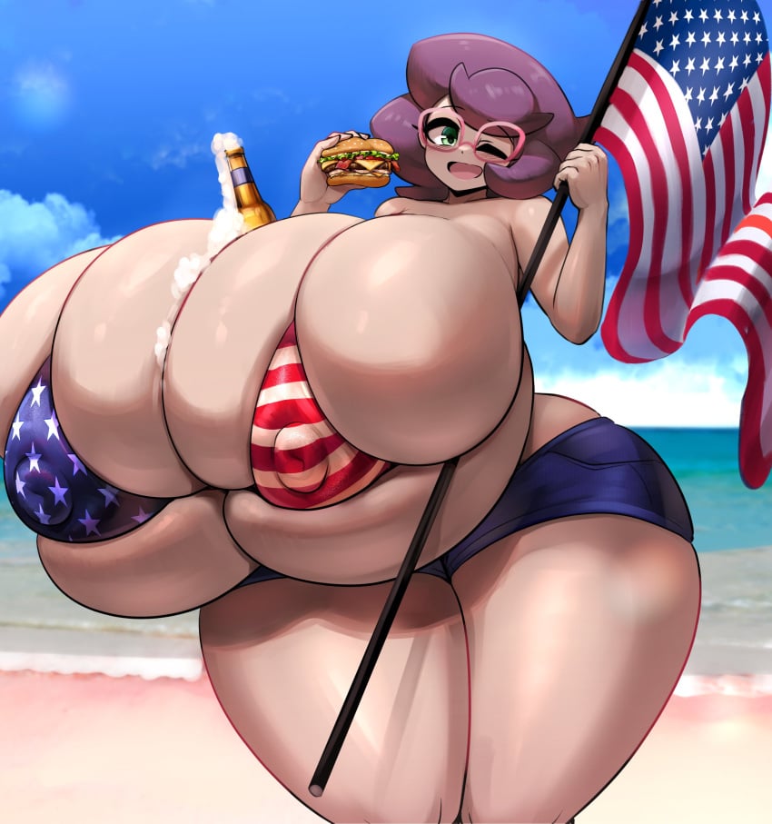 1girls american_flag american_flag_bikini american_flag_print beach between_breasts bikini bottle_between_breasts breasts breasts_bigger_than_head breasts_bigger_than_torso burger bursting_breasts cloud covered_erect_nipples creatures_(company) curvy day deep_skin enormous_breasts eyelashes female female_focus flag flag_print game_freak gigantic_breasts gipehtyboo gipehtyboon glasses holding holding_burger holding_flag holding_food huge_breasts hyper hyper_breasts independence_day looking_at_viewer micro_bikini nintendo ocean one_eye_closed open_mouth pokemon print_bikini sand shorts sky solo solo_female swimsuit thick_thighs thighs wicke_(pokemon) wide_hips wink yboon