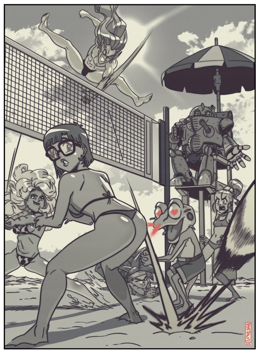 ass ayla ayla_(chrono_trigger) beach bikini chrono chrono_trigger female female_focus frog_(chrono_trigger) grayscale greyscale jampolinski lucca_ashtear nosebleed swimsuit volleyball