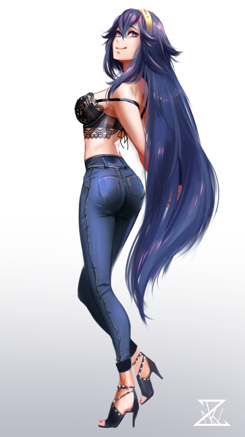 1girls alternate_costume ass back back_view bare_back big_ass blue_eyes blue_hair bra breasts fire_emblem fire_emblem_awakening high_heels large_breasts long_hair looking_at_viewer looking_back lucina_(fire_emblem) nail_polish nintendo off_shoulder pants red_nails smile tiara underwear very_long_hair white_background zaekyn