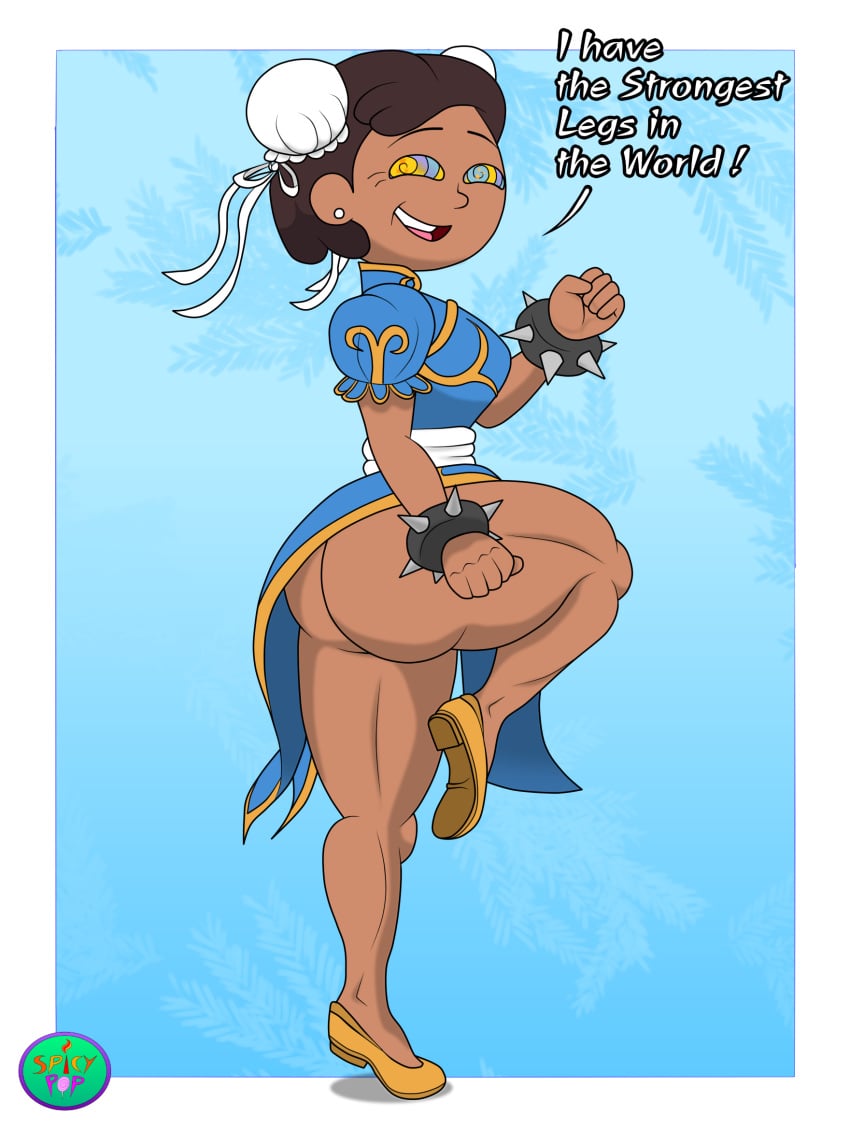 1girls amphibia athletic athletic_female big_ass big_butt brown_hair chun-li_(cosplay) clothed clothing cosplay dark-skinned_female dark_skin english_text female female_only hypnosis mature mature_female milf mother mrs._boonchuy oum_boonchuy smooth_skin solo spicypop street_fighter text thick_thighs