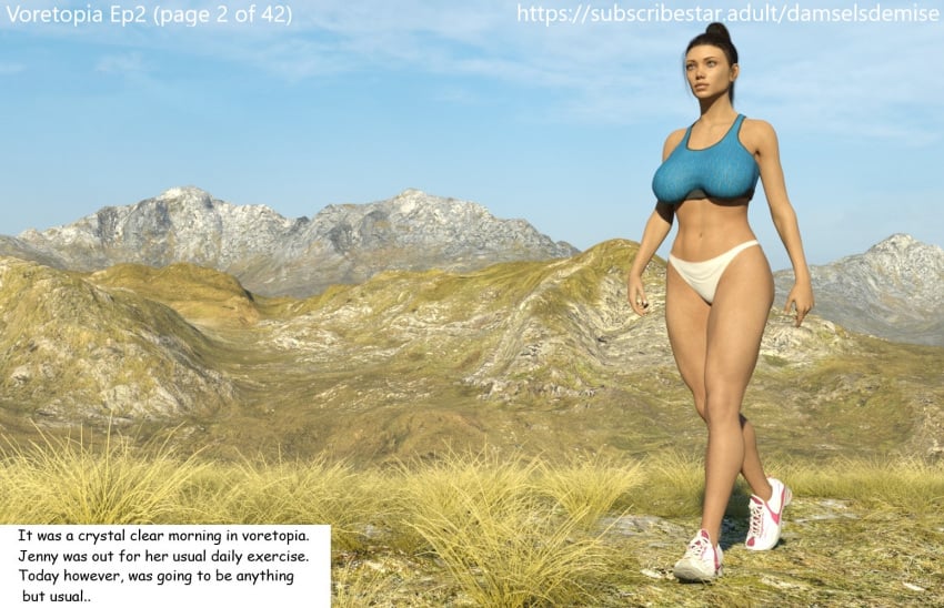 1girls 3d bikini_bottom cg damsel damselsdemise large_breasts light-skinned_female mountain navel outdoors ponytail running_shoes sports_bra text