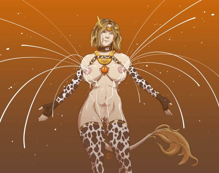 1girls abs asgardian big_breasts blonde_hair breasts broken_horn cow_girl cow_tail cow_thighighs crown disney+ female female_focus female_only fit fit_female horned_headwear human lactating lactation light-skinned_female light_skin loki_(series) marvel marvel_cinematic_universe milk milk_squirt nipples no_pubic_hair pussy short_hair simple_background smiling solo solo_female solo_focus sophia_di_martino squirting_milk sylvie_laufeydottir tail tattoo thick_thighs tittydispenser