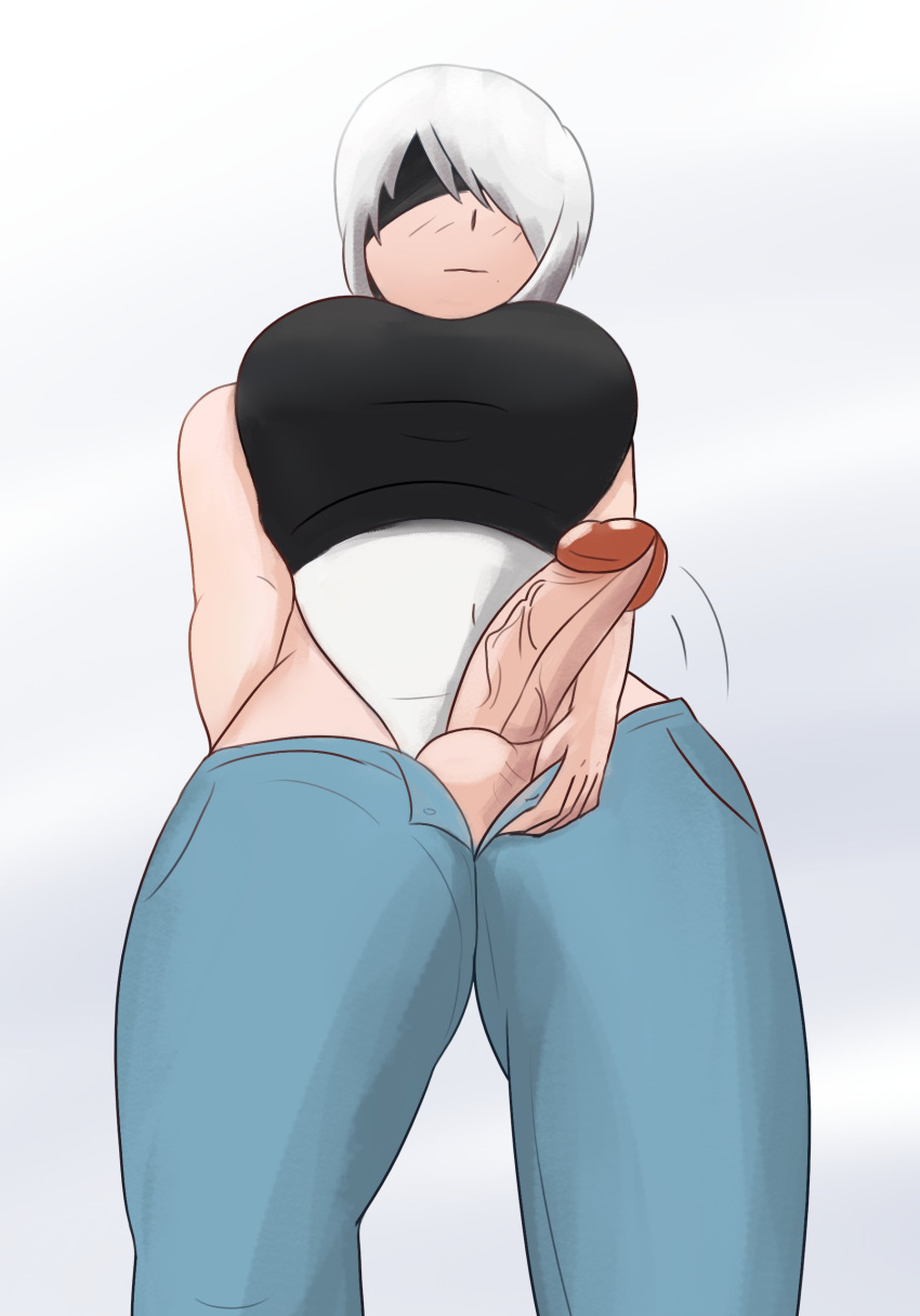 1futa akusu balls balls_under_clothes big_breasts big_penis blindfold breasts clothed clothing erect_penis erection futa_only futanari human intersex light-skinned_futa light-skinned_futanari light_skin low-angle_view mostly_clothed nier:_automata pants penis penis_out solo solo_futa squatting taker_pov testicles white_background white_hair yorha_2b