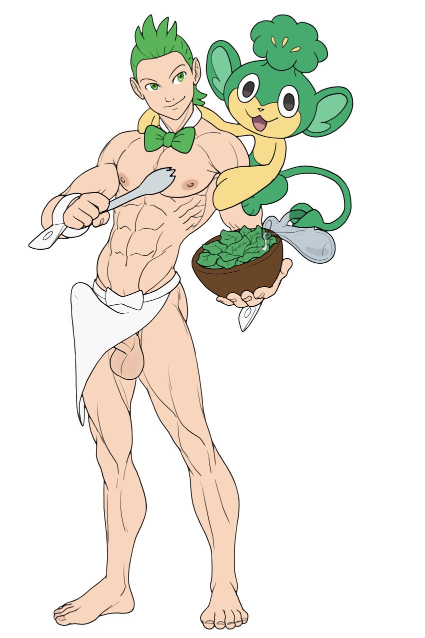 1boy apron apron_only boner cilan_(pokemon) erection erection_under_clothes green_hair male male_only muscular muscular_male pansage pokemon pokemon_bw schizoid spinach tagme