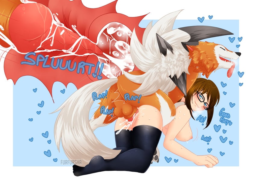 1boy 1girls all_fours animal_genitalia animal_penis anthro areolae ass backsack balls black_legwear black_thighhighs blue_eyes blush breasts brown_hair canine canine_penis clothing cross_section cum cum_in_pussy cum_in_uterus cum_inside dusk_lycanroc female female_on_feral feral from_behind furfursha glasses human_on_feral interspecies knot knotting legs_together long_hair lycanroc male male_pokemon/female_human nintendo nipples penetration penis pokemon pokemon_sm pussy sex testicles thighhighs thighs tongue_out uterus vaginal_penetration vaginal_sex zoophilia