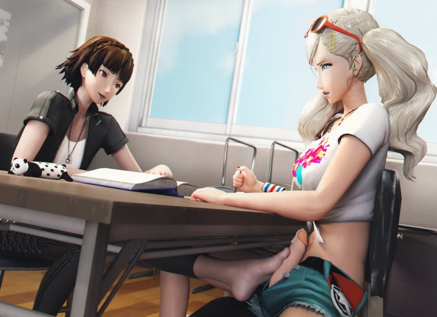 1futa 2girls 3d ann_takamaki blonde_hair booty_shorts breasts clothed clothing cum dawadd duo erection feet female female_on_futa foot_fetish footjob fully_clothed futa_on_female futanari human light-skinned_female light-skinned_futanari light_skin makoto_niijima mostly_clothed pale_skin penis persona persona_5 shorts sitting squatting study_partners teasing toejob toes under_the_table yuri