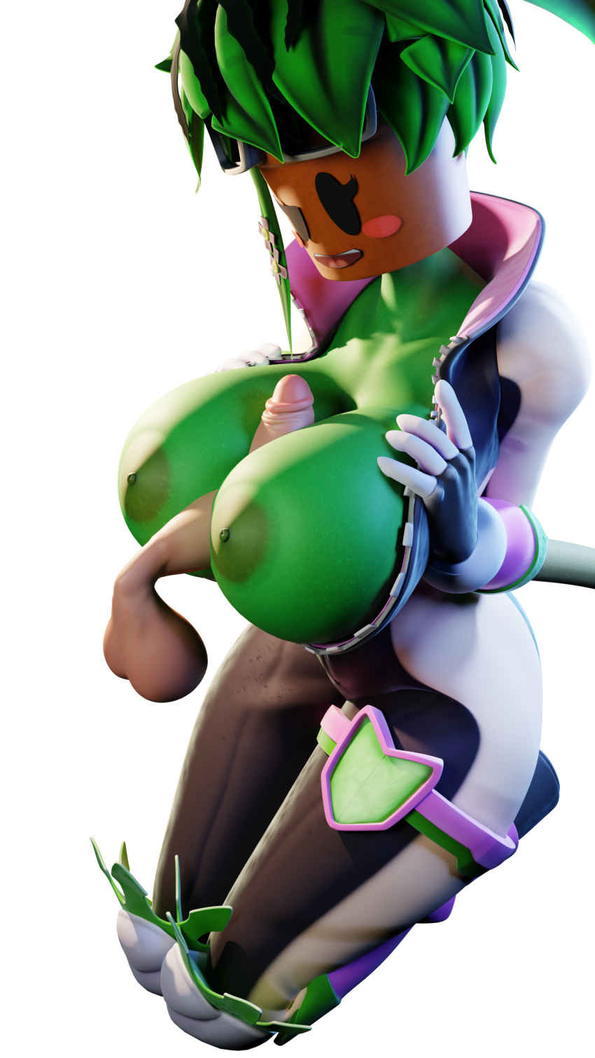 1boy 1girls 3d 3d_(artwork) areola areolae big_breasts big_penis blaster_master blender_(software) boobjob breasts clothed clothed_female female floating_penis green_skin huge_breasts human human_on_plantie kanna_(blaster_master) lewdman2 male mob_face nipples paizuri penis plant plant_girl plantie simple_background tagme thighs titjob