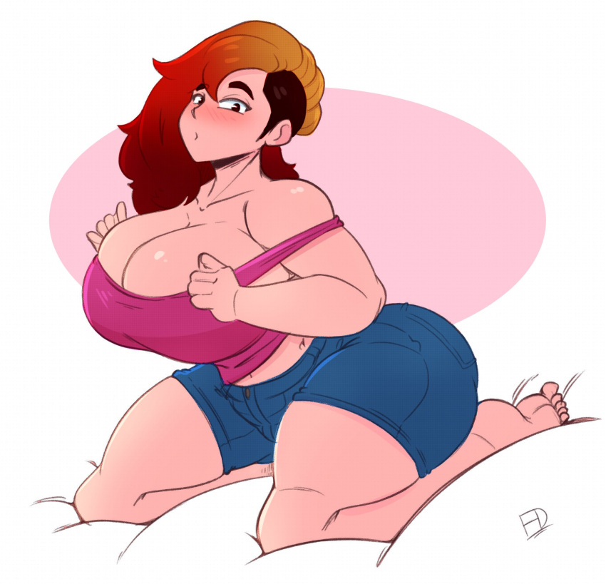 1girls barefoot blush breasts cleavage clothed female female_only fiffer huge_breasts kneeling large_breasts long_hair looking_at_viewer madamsquishie off_shoulder original original_character red_hair shaved_side shorts solo squishie_(madamsquishie) tank_top thick thick_thighs two_tone_hair