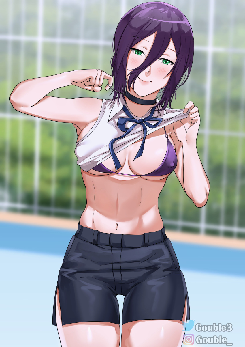 1girls big_breasts blush breasts chainsaw_man choker eye_contact female gouble green_eyes looking_at_viewer medium_hair nipple_bulge purple_hair reze_(chainsaw_man) smile solo standing thick_thighs thighs