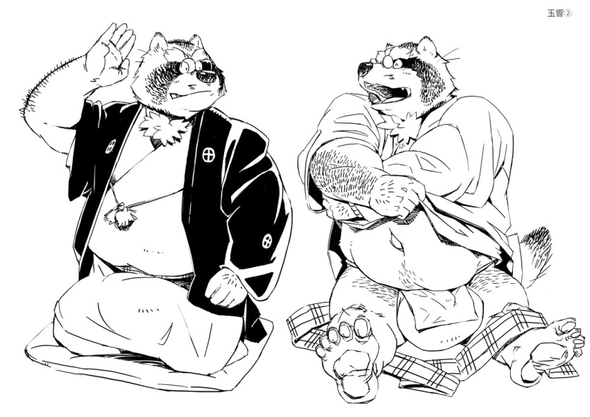 2011 anthro asian_clothing balls big_balls canid canine closed_eyes clothing east_asian_clothing eyewear fundoshi genitals glasses humanoid_hands japanese_clothing kemono male mammal monochrome motogen overweight overweight_male raccoon_dog robe simple_background sitting solo tanuki underwear white_background