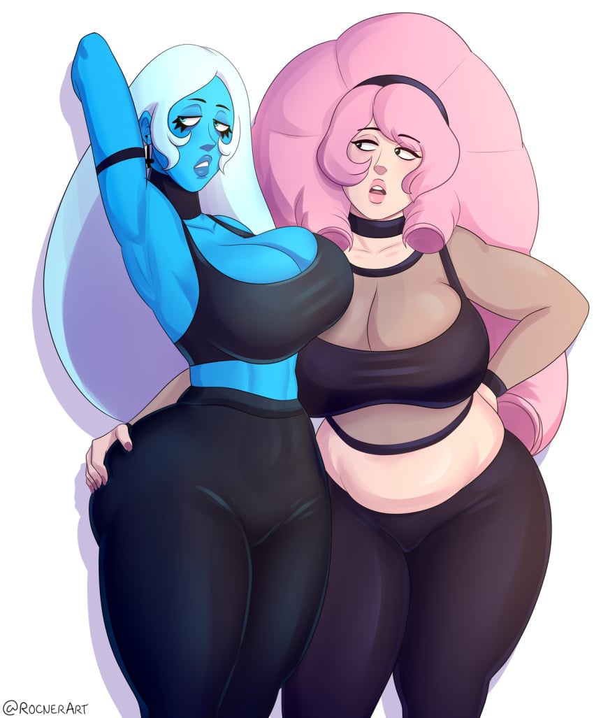 2girls armlet armpits belly black_eyes blue_diamond_(steven_universe) blue_eyes blue_hair blue_skin cartoon_network choker chubby chubby_female cleavage crop_top curvy diamond_authority ear_piercing earrings female female_only gem_(species) goth gothified hairband hand_on_ass large_breasts light-skinned_female light_blue_hair light_skin lips long_hair midriff pink_hair possibly_annoyed possibly_gay rocner rose_quartz_(steven_universe) see-through see-through_clothing steven_universe upside_down_cross white_background yoga_pants