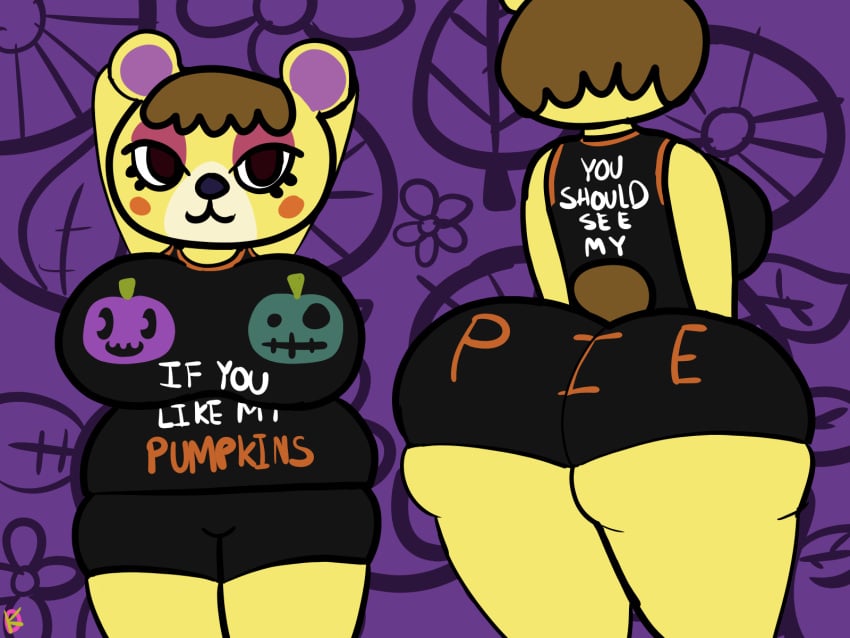 2020 animal_crossing anthro arms_behind_head bear bedroom_eyes big_ass big_breasts clothing_writing huge_ass huge_breasts klutzatdusk nintendo shortstack suggestive tammy_(animal_crossing) tight_clothing tight_fit ursid ursine workout_clothes