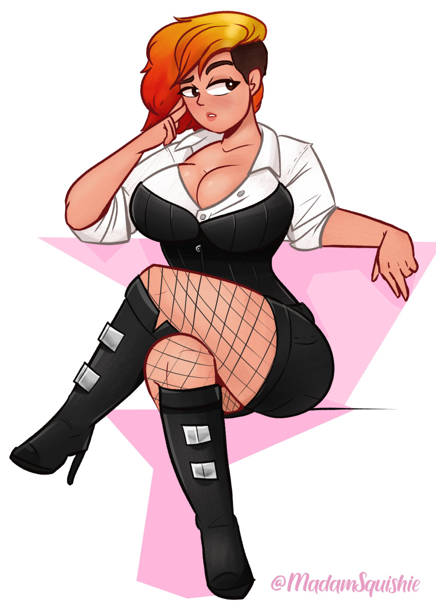 1girls artist_self-insert asymmetrical_hair breasts cleavage clothed crossed_legs female female_only fishnet_stockings fishnets heel_boots heels large_breasts legs_crossed looking_away madamsquishie original original_character plain_background raised_eyebrow red_hair shaved_side shirt sitting solo squishie_(madamsquishie) white_background