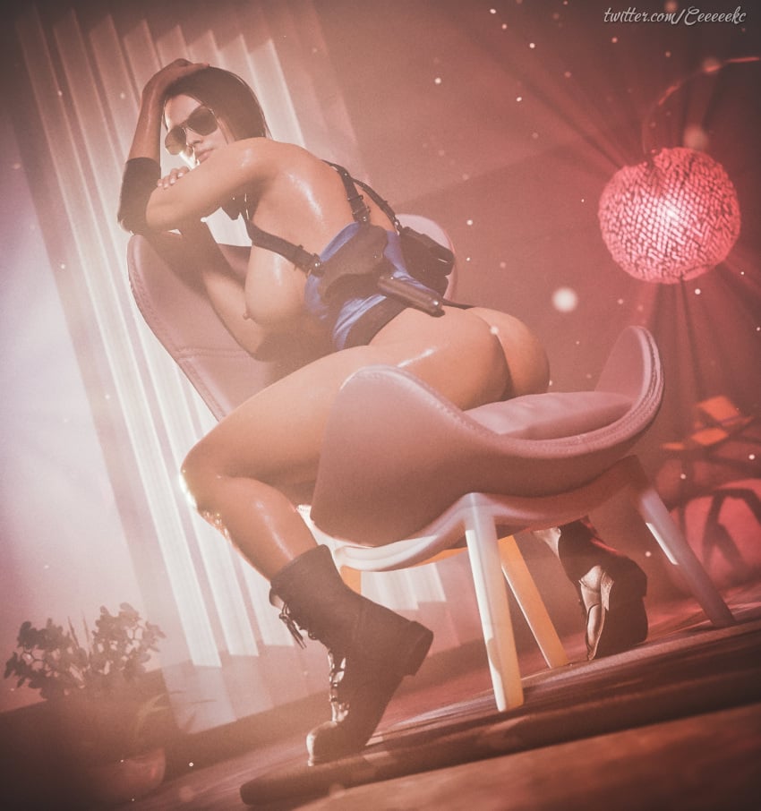 1girls 3d 3d_(artwork) ass aviator_sunglasses big_butt boots bottomless breasts capcom ceeeeekc curvy female female_only huge_ass jill_valentine jill_valentine_(sasha_zotova) large_ass light-skinned_female looking_at_viewer looking_back nipples resident_evil resident_evil_3 resident_evil_3_remake round_ass sitting sole_female solo sunglasses thick_ass thick_thighs tinted_eyewear topless tubetop