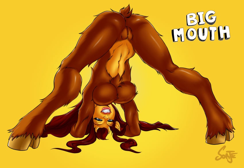 anthro anus ass ass_up big_mouth_(tv_series) big_mouth_(universe) blue_eyes bovid breasts brown_body brown_fur brown_hair caprine connie_(big_mouth) featureless_breasts female fur genitals hair hi_res hooves hormone_monstress horn humanoid_face jack-o'_pose lips long_ears looking_back mammal multicolored_body multicolored_fur netflix no_nipples nude pose presenting presenting_hindquarters pussy simple_background smile solo sorje tan_body tan_fur two_tone_body two_tone_fur upside-down yellow_background