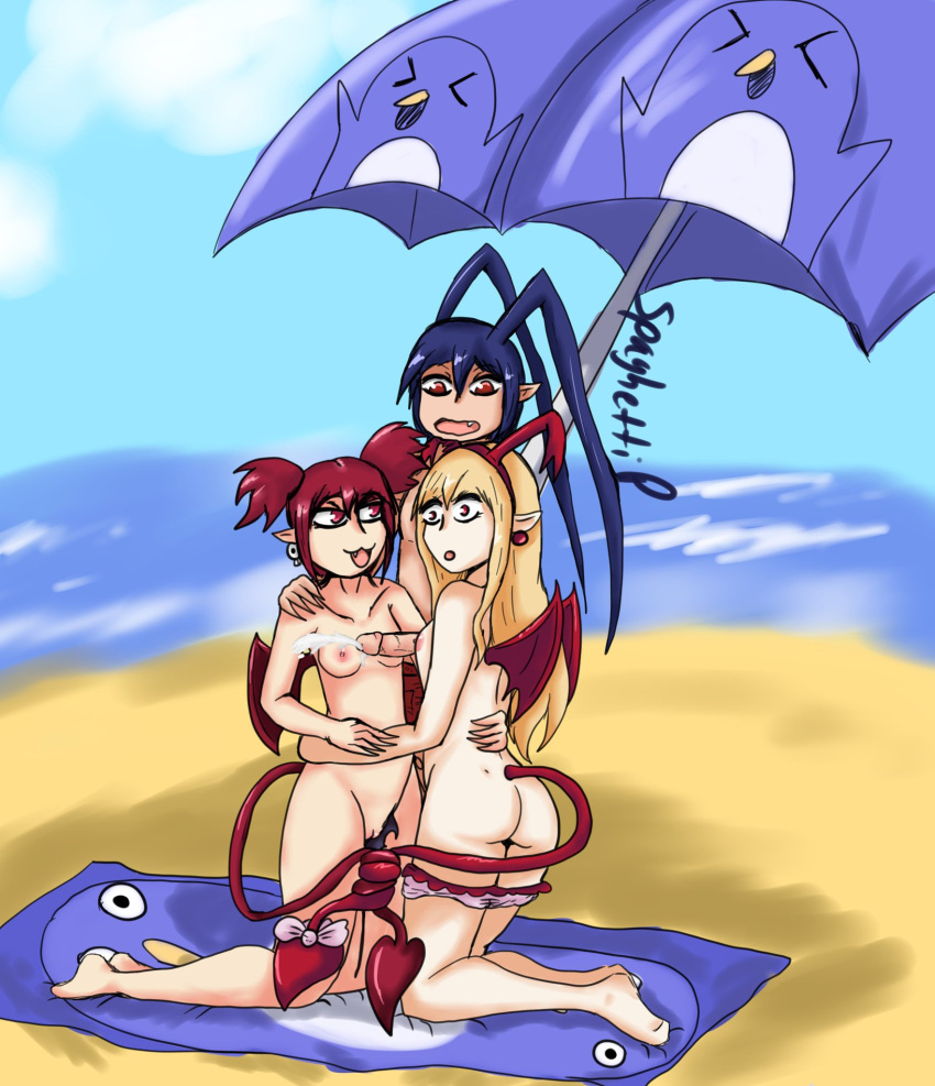 1boy 2girls ass beach beach_towel beach_umbrella big_ass blue_hair blush breast_press cum disgaea disgaea_1 etna ffm_threesome flonne hetero intertwined_tails laharl long_hair naizuri nippon_ichi_software ocean outside paizuri penis prinny pussy pussy_juice red_eyes red_hair sand short_hair size_difference small_breasts spaghettipuche standing standing_sex straight swimsuit swimwear tail teamwork threesome titjob wings