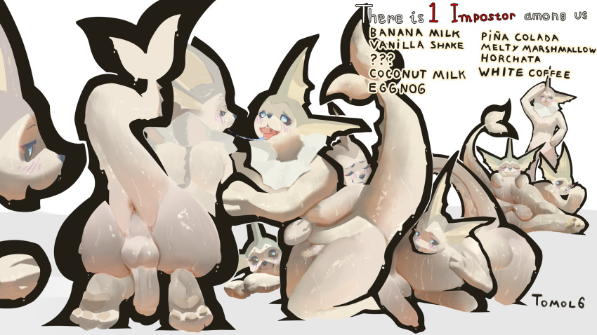 16:9 anthro anus ass balls beverage blush bodily_fluids candy closed_eyes coffee cum_creature cumporeon dessert eeveelution eggnog english_text erection food genitals group hi_res hug kissing male male/male male_only male_vaporeon mammal marshmallow milk nintendo nude open_mouth penis pokémon_(species) pokemon saliva simple_background smile sweat text tomol6 tongue tongue_out vaporeon video_games white_background white_body wide_hips widescreen