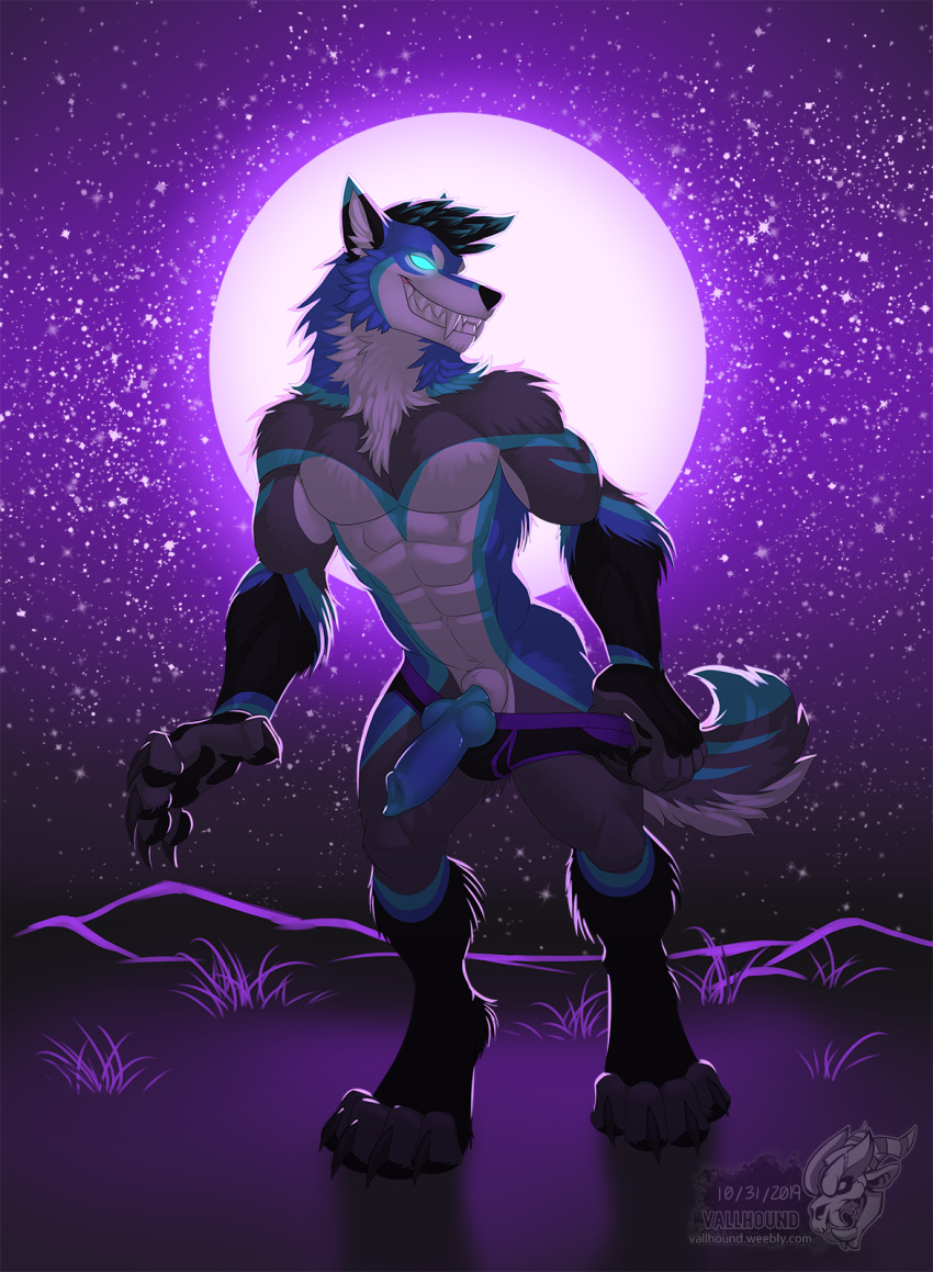 anthro canid canine canis clothing dominant full_moon genitals halloween hi_res holidays jockstrap knot male mammal moon penis phantom_wuff solo underwear vallhund were werecanid werecanine werewolf wolf