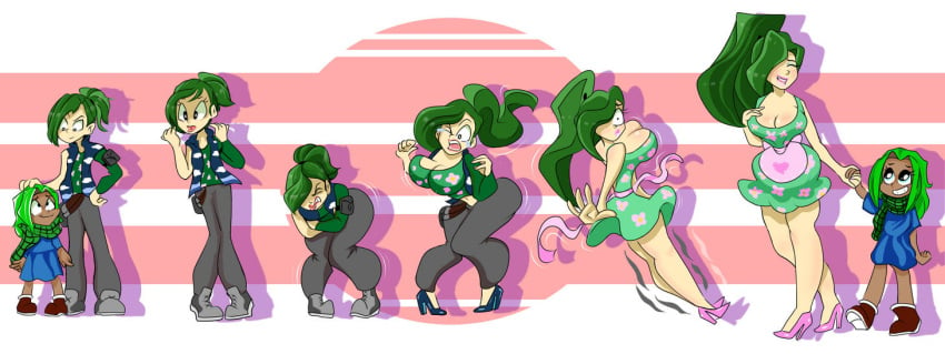 2girls ass_expansion breast_expansion breasts cleavage female geminim green_hair huge_breasts milf milfification mother multiple_girls ponytail wide_hips