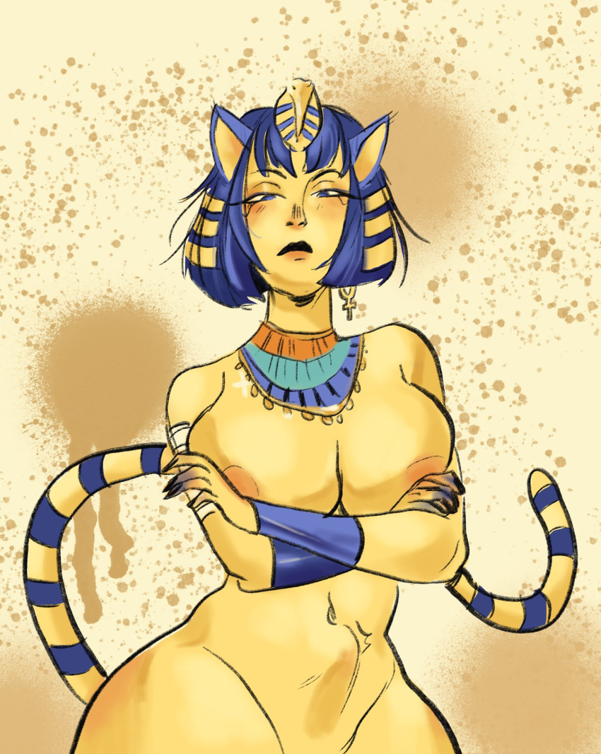 1girls 2021 animal_crossing ankha ankha_ride_(minus8) areola_slip areolae arms_crossed arms_crossed_under_breasts belly belly_bulge blue_eyes blue_hair bob_cut breasts cat_ears cat_tail catgirl covered_breasts egyptian female female_focus female_only frown furry implied_sex large_breasts looking_at_viewer midriff navel nintendo nipple_slip nipples sashimifrancis sex short_hair solo stern_expression stomach_bulge tail thick_thighs thighs throbbing throbbing_belly throbbing_penis wide_hips yellow_background yellow_fur yellow_theme