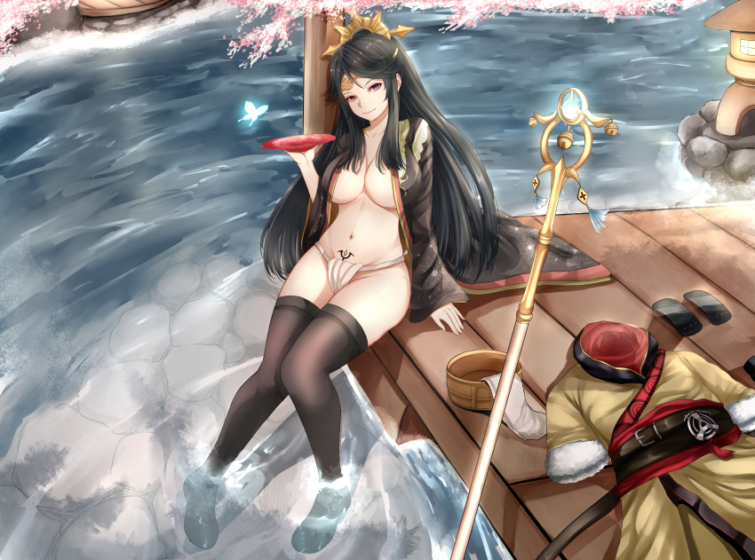 1girls absurdres alcohol bangs bare_hips black_eyes black_hair black_kimono black_legwear breasts bucket bug butterfly cherry_blossoms cleavage closed_mouth clothing commission covering covering_breasts cup dark_hair female fire_emblem fire_emblem_fates fundoshi greyscale hair_ornament higher_resolution_duplicate highres huge_filesize inug japanese_clothes kimono lantern large_breasts legs_together long_hair long_sleeves looking_at_viewer mikoto_(fire_emblem) monochrome navel nintendo open_clothes open_shirt outdoors panties partially_submerged pond pubic_tattoo queen reclining river sakazuki sake smile solo staff tattoo thighhighs thighs underwear very_long_hair water white_panties wide_hips wooden_bucket