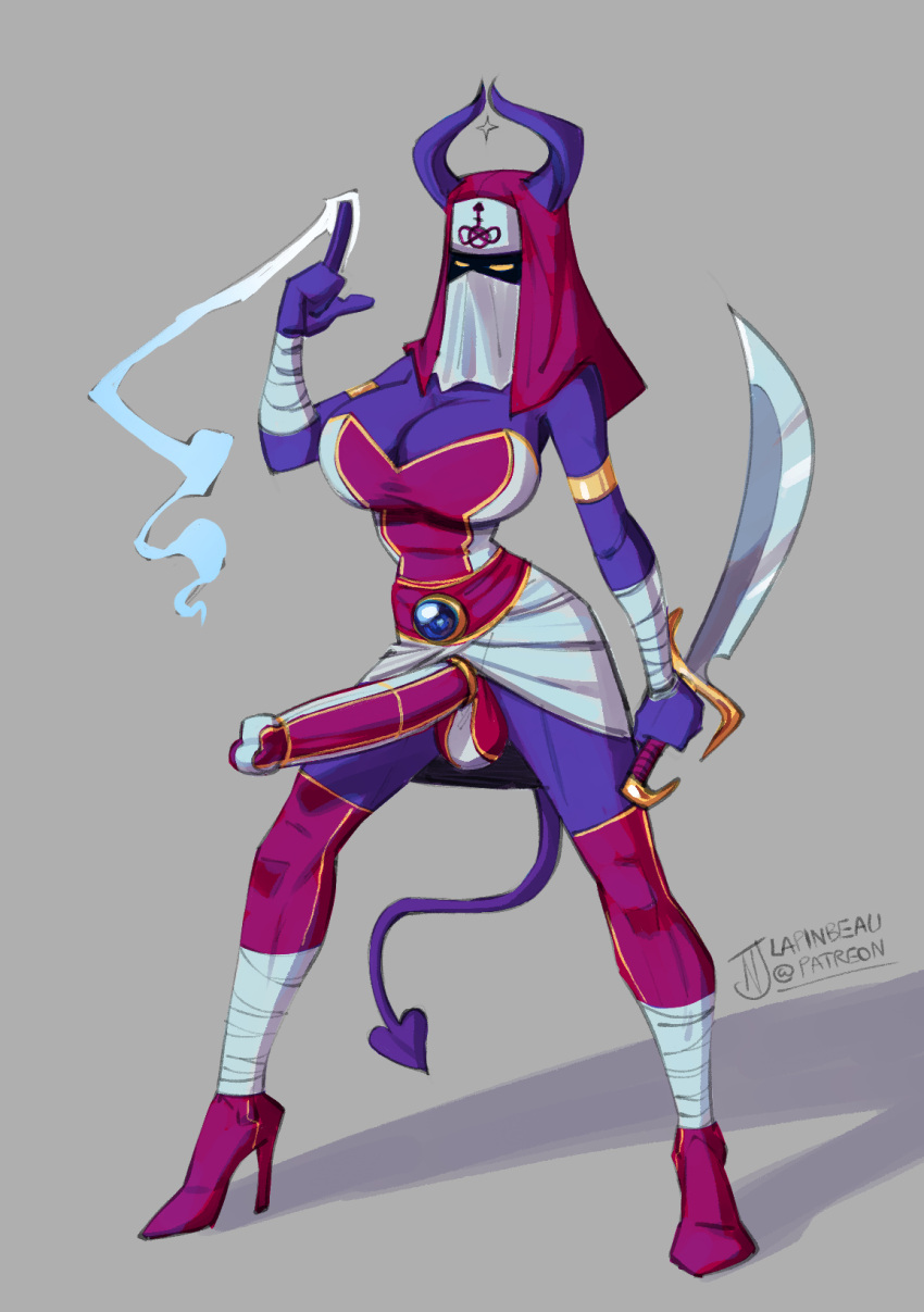 1futa bandages clothed demon_horns futanari lapinbeau magic obscured_face penis_clothing purple_skin scimitar spade_tail thighhigh_boots tits weapon