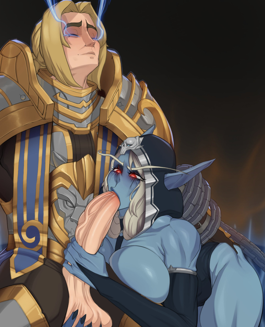 1boy 1girls anduin_wrynn armor ass_grab balls bending_over bent_over big_balls big_breasts big_penis blonde_hair blue_body blue_skin breasts cleavage closed_eyes clothed clothing duo duo_focus elf elf_ears elf_female erection eyelashes eyes_closed fellatio female genitals gloves grabbing_ass grabbing_balls grabbing_penis hair hand_on_ass hi_res highres holding_balls holding_penis huge_breasts huge_cock human human_male human_penetrating interspecies large_breasts large_penis light-skinned_male long_hair lying lying_on_person male male_human/female_elf male_penetrating masturbating_other masturbation mawsworn muscular muscular_female oral penis pointy_ears r3dstar sitting sitting_down spread_legs squeezing squeezing_balls squeezing_butt squeezing_testicles sylvanas_windrunner tears testicles uncensored vein veins veiny veiny_penis voluptuous white_hair world_of_warcraft