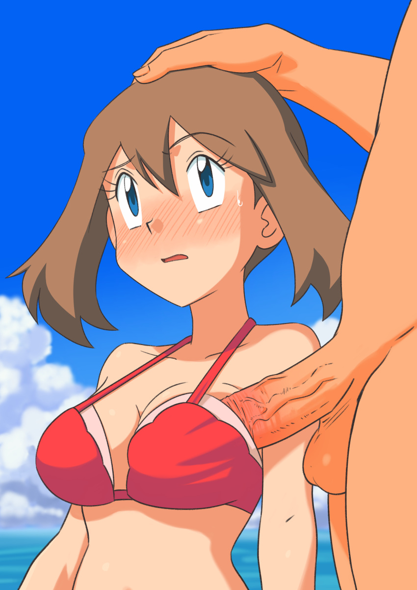 1boy 1girls balls beach big_breasts bikini bikini_top blue_eyes blush breasts brown_hair female hand_on_head large_penis may_(pokemon) medium_hair miraa_(chikurin) nintendo penis penis_to_breast penis_under_another's_clothes penis_under_clothes pokemon pokemon_rse sideboob testicles uncensored upper_body veiny_penis