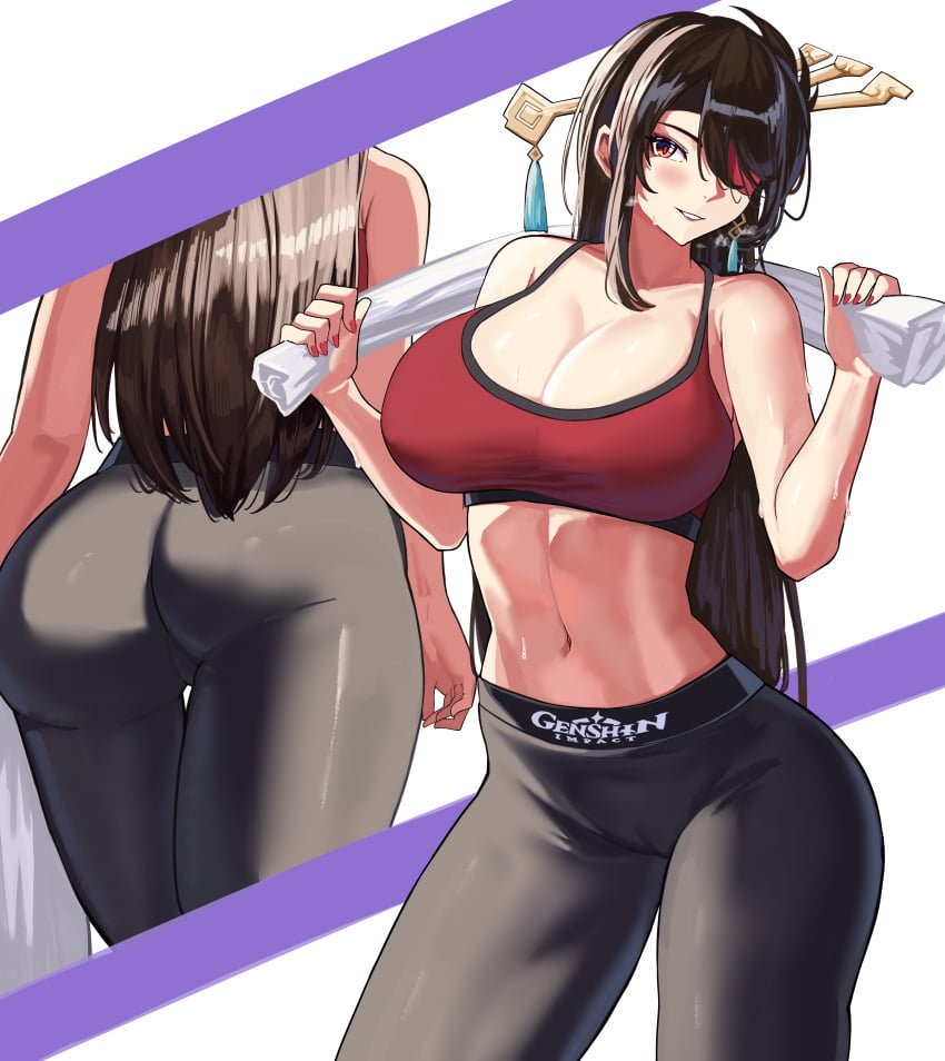 1girls 2021 ass ass_focus back_view beidou_(genshin_impact) black_yoga_pants breasts brown_hair cleavage eyepatch female female_focus female_only fit_female front_view genshin_impact hair_ornament hi_res holding_object huge_ass huge_breasts long_hair loooyd multiple_views painted_nails red_eyes red_sports_bra simple_background slim_waist sports_bra sportswear thigh_gap tight_clothing tight_fit towel very_high_resolution white_background wide_hips workout_clothes yoga_pants