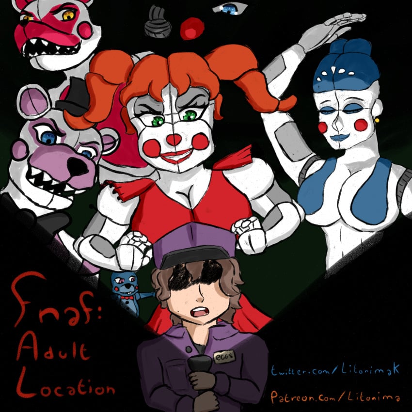 2d 2d_(artwork) baby_(fnafsl) ballora ballora_(fnafsl) bonbon_(fnaf) breasts circus_baby circus_baby_(fnaf) dress eggs_benedict_(fnafsl) ennard_(fnafsl) five_nights_at_freddy's five_nights_at_freddy's:_sister_location flashlight fnaf funtime_foxy_(fnaf) funtime_foxy_(fnafsl) funtime_freddy_(fnafsl) male michael_afton puppet_bonnie_(fnafsl) scottgames sister_location twintails