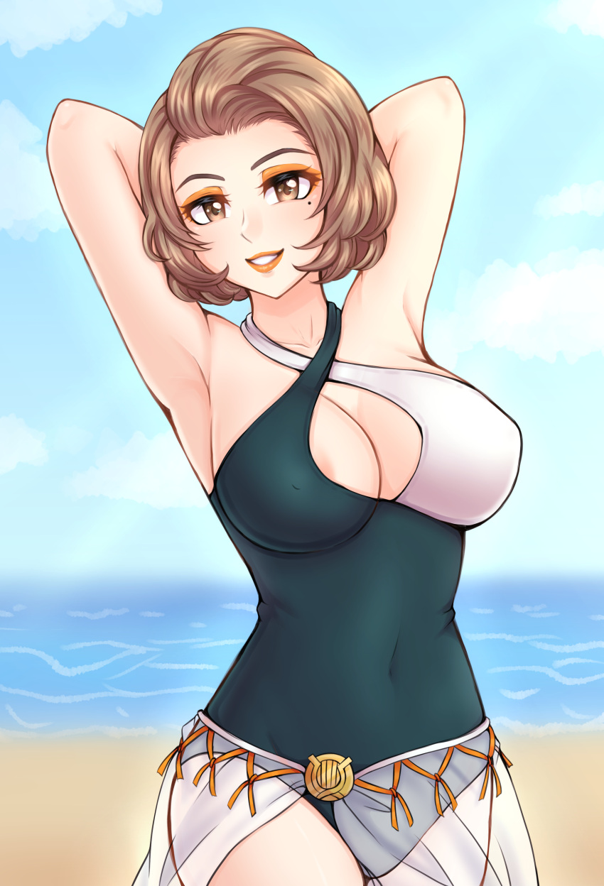 1girls absurdres alternate_costume areola_slip areolae armpits arms_behind_head arms_up artist_name bare_arms bare_thighs beach beauty_mark breasts brown_eyes brown_hair center_opening cleavage cleavage_cutout colored_eyelashes commission covered_navel covered_nipples cowboy_shot english_commentary eyeshadow fire_emblem fire_emblem:_three_houses forehead green_bikini green_swimsuit grin highres large_breasts lewdlilies lips lipstick looking_at_viewer makeup manuela_casagranda mature_female mole mole_under_eye navel nintendo nipple_bulge ocean one-piece_swimsuit orange_eyeshadow orange_lipstick outdoors parted_lips pose sand sarong seaside see-through short_brown_hair short_hair short_sleeves sky smile solo summer swimsuit v-shaped_eyebrows veil water